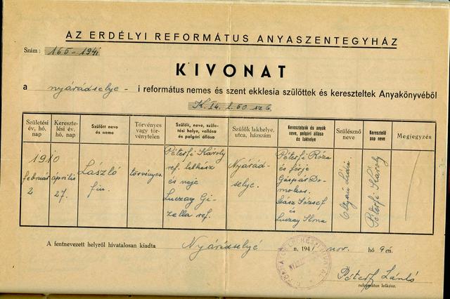 Péterfy László születési anyakönyvi kivonat